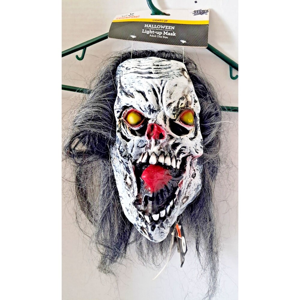 Light Up Halloween Skull Mask Wild Hair Open Mouth Tongue Costume